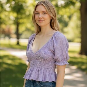 Lavender Smocked Peplum Top | Puff Sleeve V-Neck Cottagecore Blouse